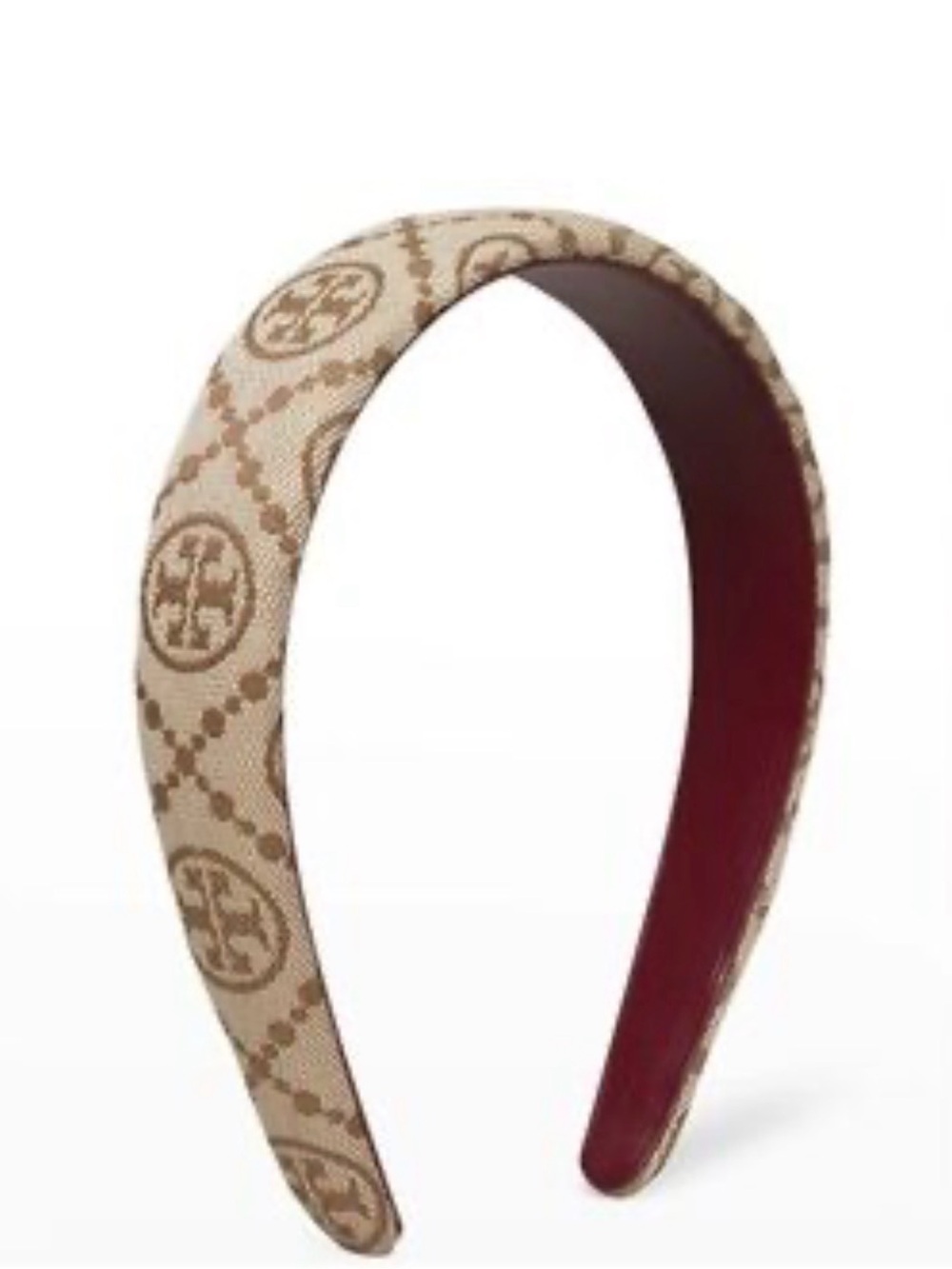 Tory Burch Beige Logo Pattern Headband with Burgundy Interior